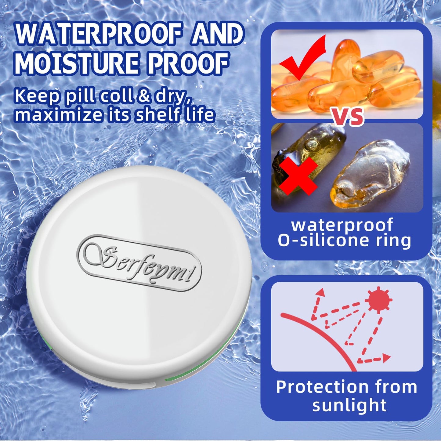 Serfeymi 3 Compartment Waterproof Cute Small Pill Box for Purse & Pocket,Travel Portable and Multifunctional Pill Case Holder for Vitamins,Fish