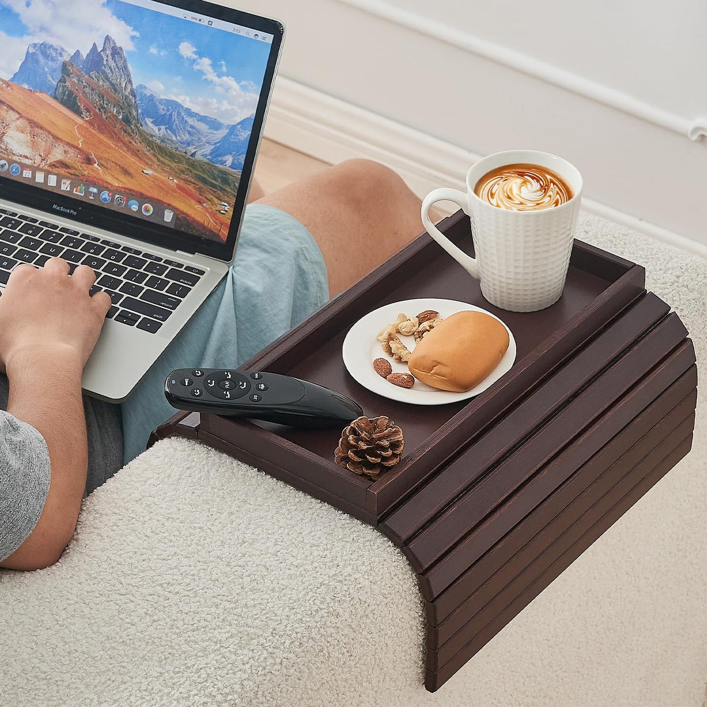 LOVYANXUE Bamboo Sofa Arm Tray, Anti Falling Couch Arm Tray Table, Foldable Couch Armrest Table, Portable Sofa Armrest Trays Cup Holder for Drink