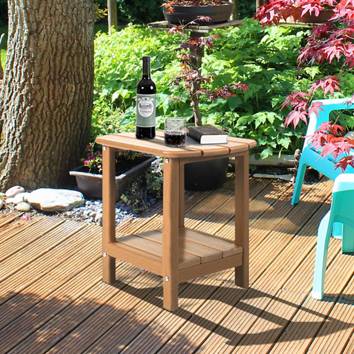 NALONE Adirondack Side Table 16.5" Outdoor Side Table HDPE Plastic Double Adirondack End Desk for Patio (Brown)
