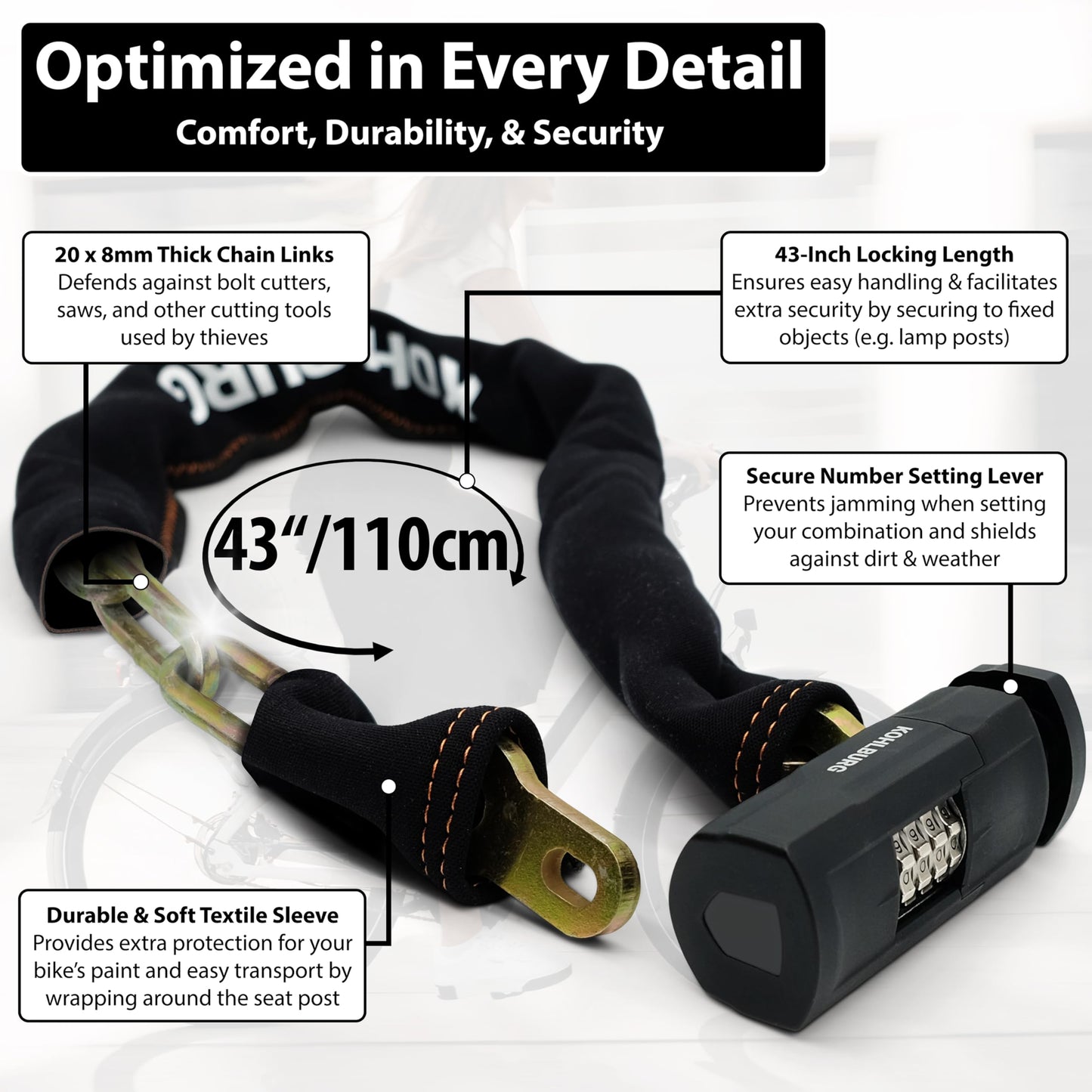 KOHLBURG Heavy Duty Combination Bike Lock [Sold Secure Gold] 43"/110cm Long with Maximum Security ? Anti Theft Bike Chain Lock with Numeric Code & 8mm