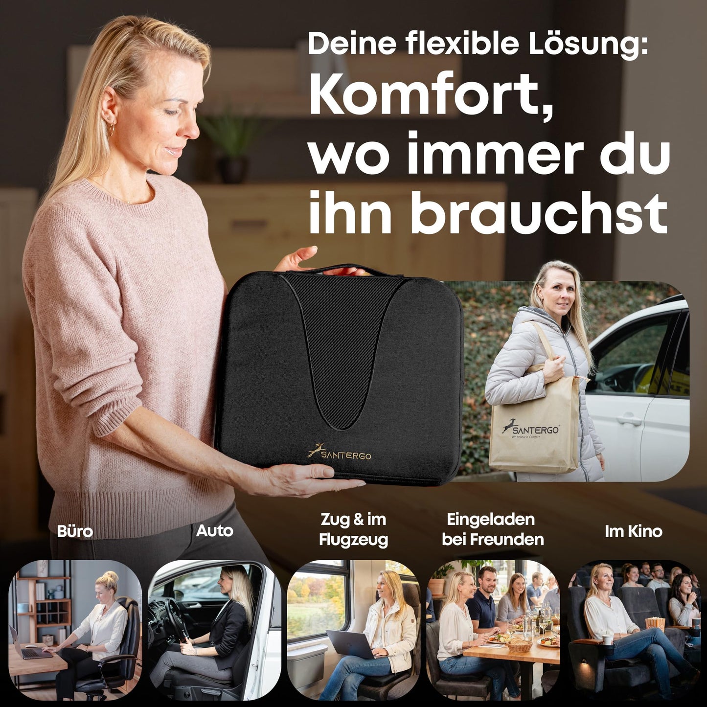SANTERGO Ergonomic Seat Cushion Made of Moulded Foam [Patented & Dimensionally Stable] Chair Cushion Wedge Cushion Chair Office Chair Wheelchair Car