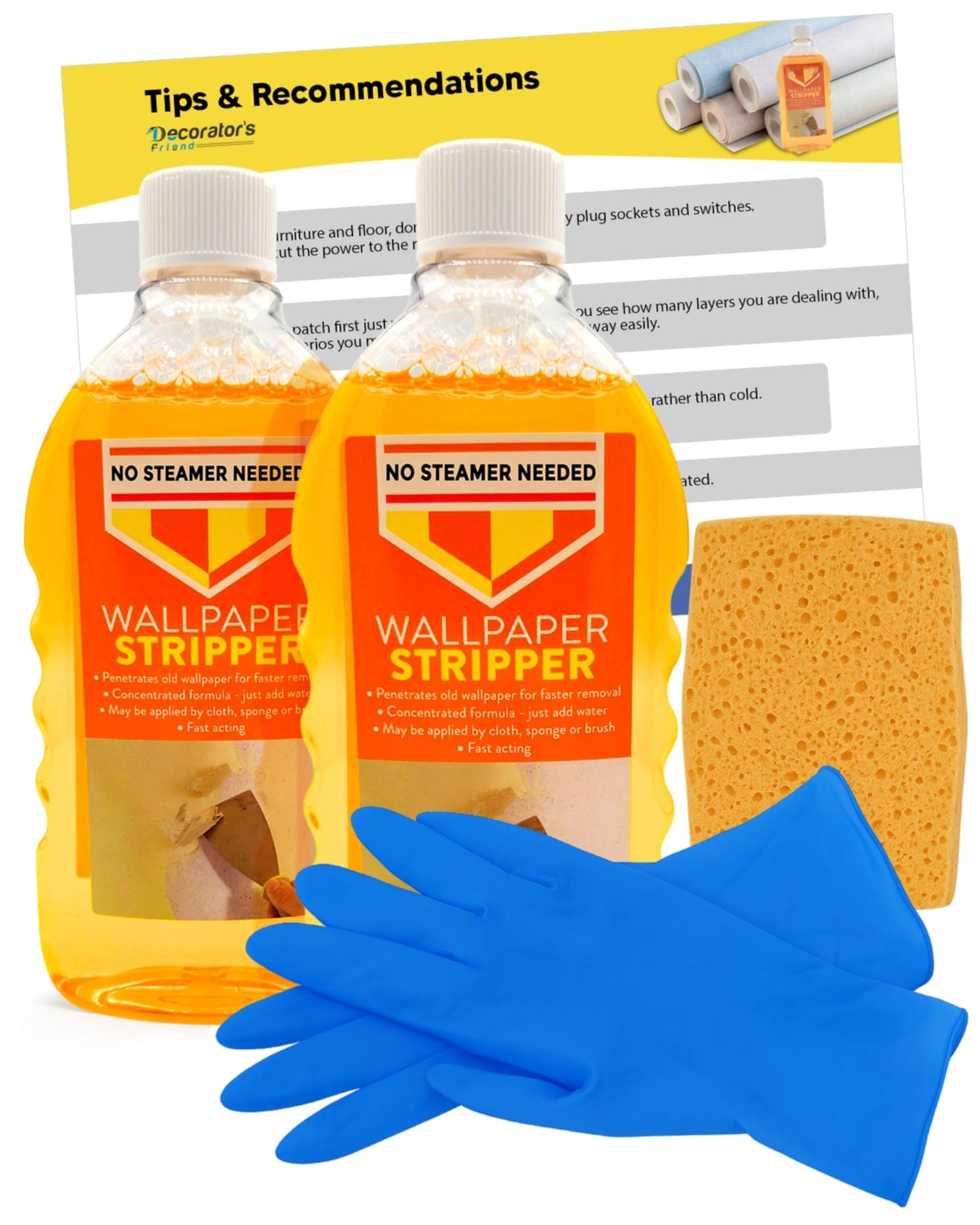 Wallpaper Stripper Bundle for Fast Removal - 2 x Stripping Liquid Bundled with Sponge and Latex Free Gloves - Wallpaper Remover Kit - by Decorator's
