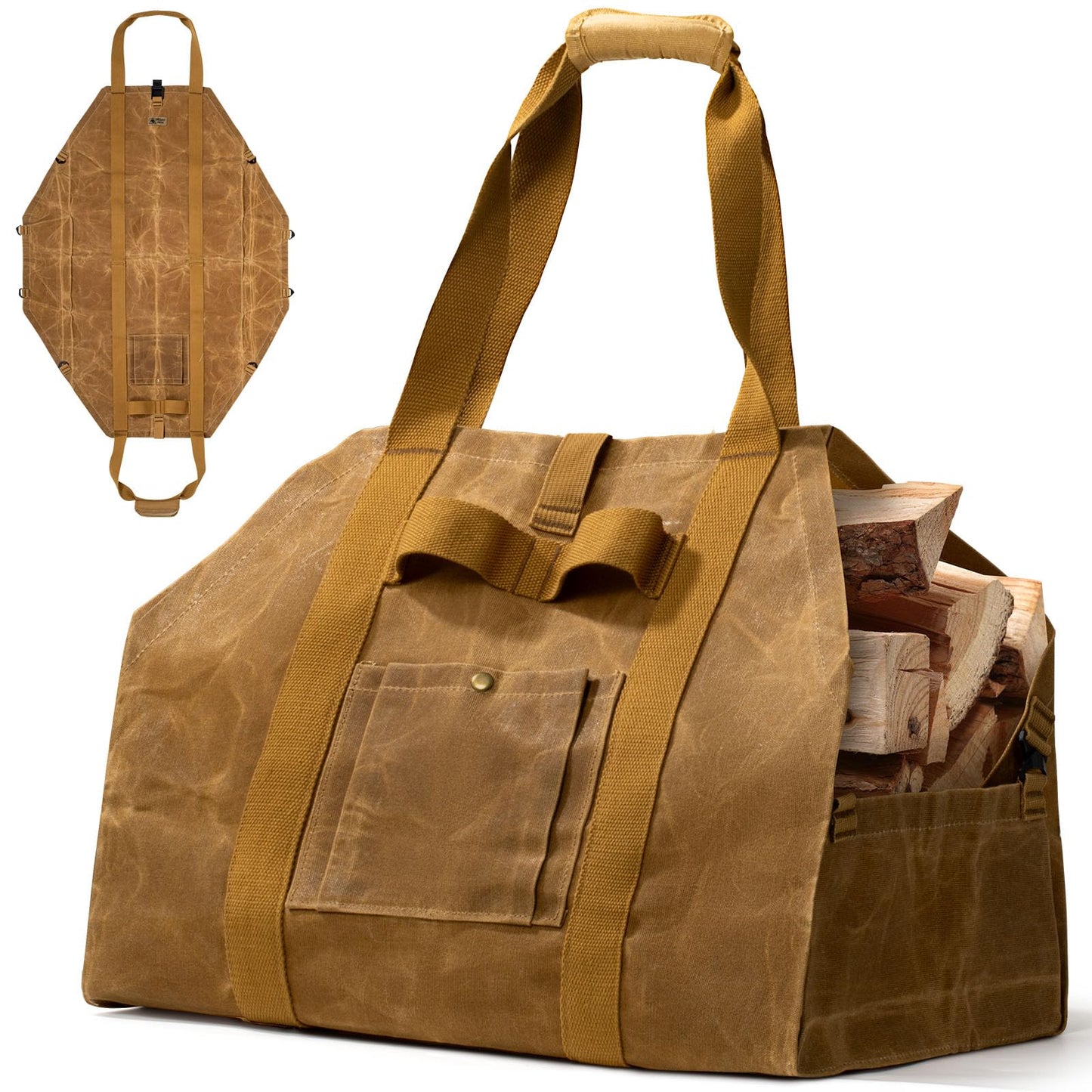 OneTigris Firewood Carrier, 2-in-1 Firewood Log Carrier Bag, Waxed Canvas Firewood Tote Carrier Extra Large Firewood Carriers with Handles for Fire