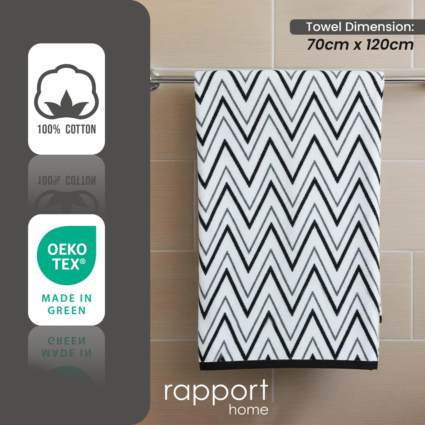 Rapport Home Helix Bath Towels 2 Pack, 70x120cm 100% Cotton - Mono Black