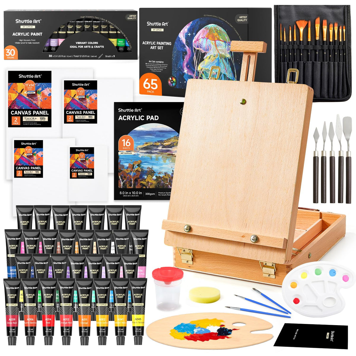 Shuttle Art 65 Pack Acrylic Paint Set with Wooden Table Top Easel Box, Mixed Media Artist Art Set with 30 Colours Acrylic Paints, Blank Canvas,