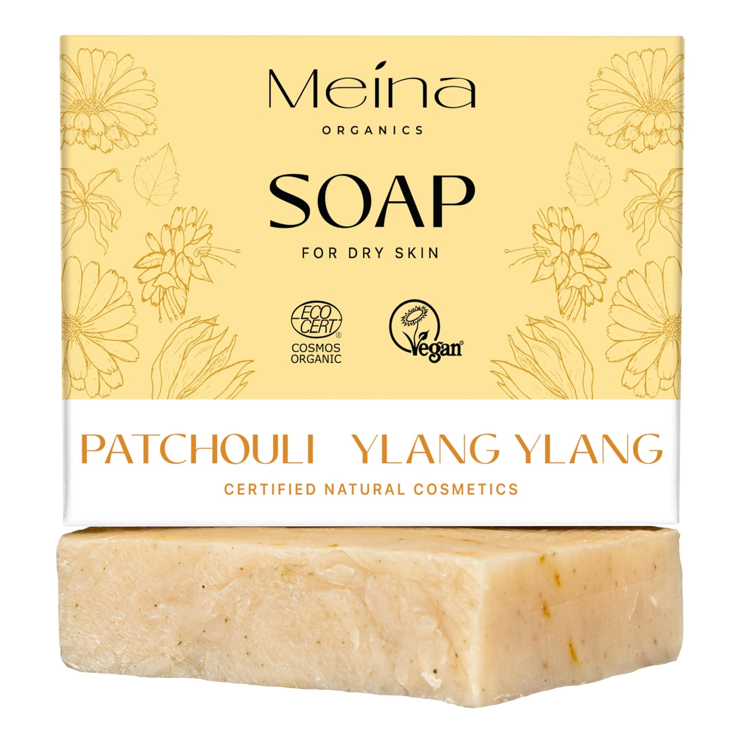 Meina Patchouli Soap Bar with Ylang Ylang, 100% Natural, Organic Certified, Without Palm Oil, Face and Body, Vegan, Plastic Free, Perfect for Travel