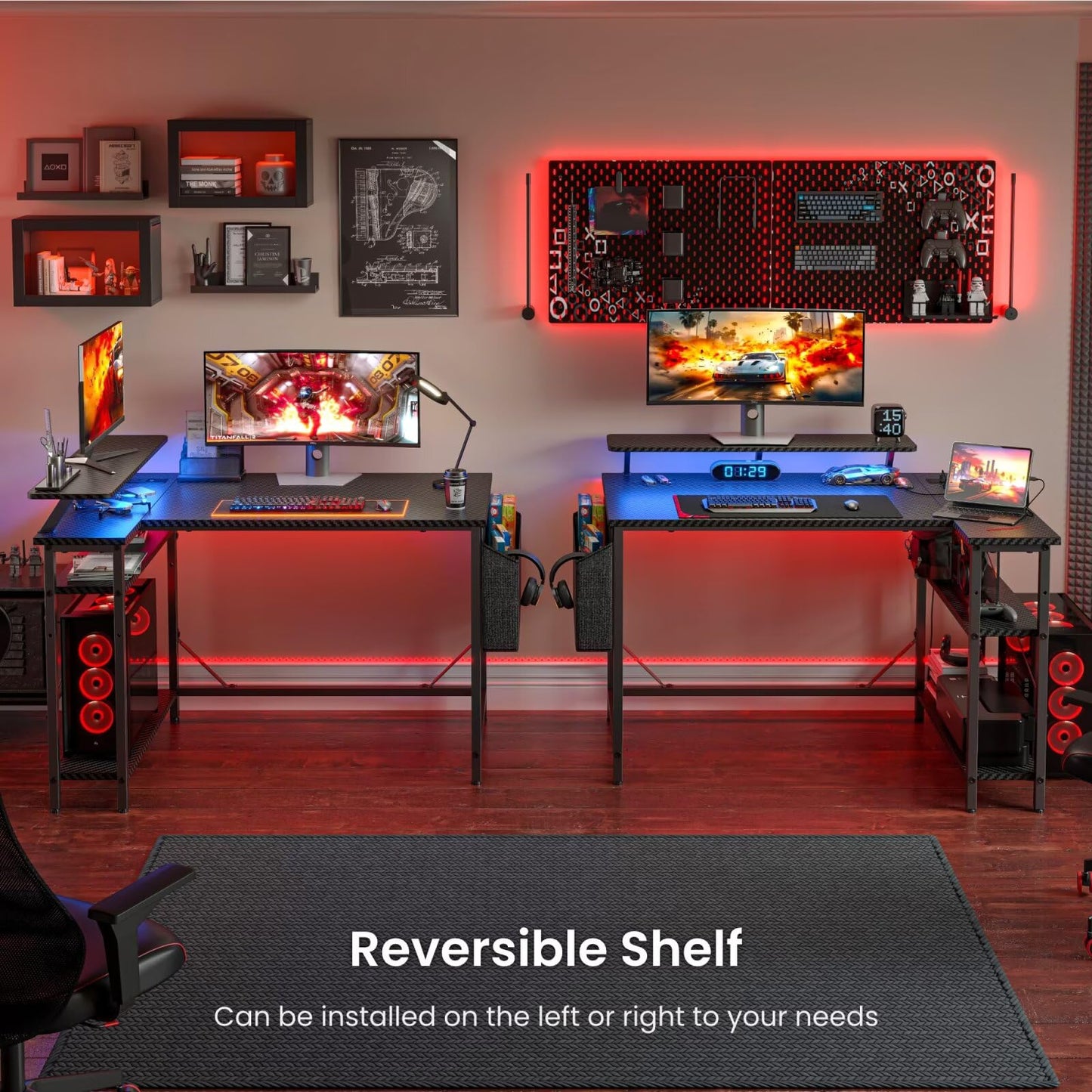 DOMSHOCT L Shaped Gaming Desk with LED Lights & Power Outlets, 100 * 80cm Small Corner Computer Table with Storage Bag