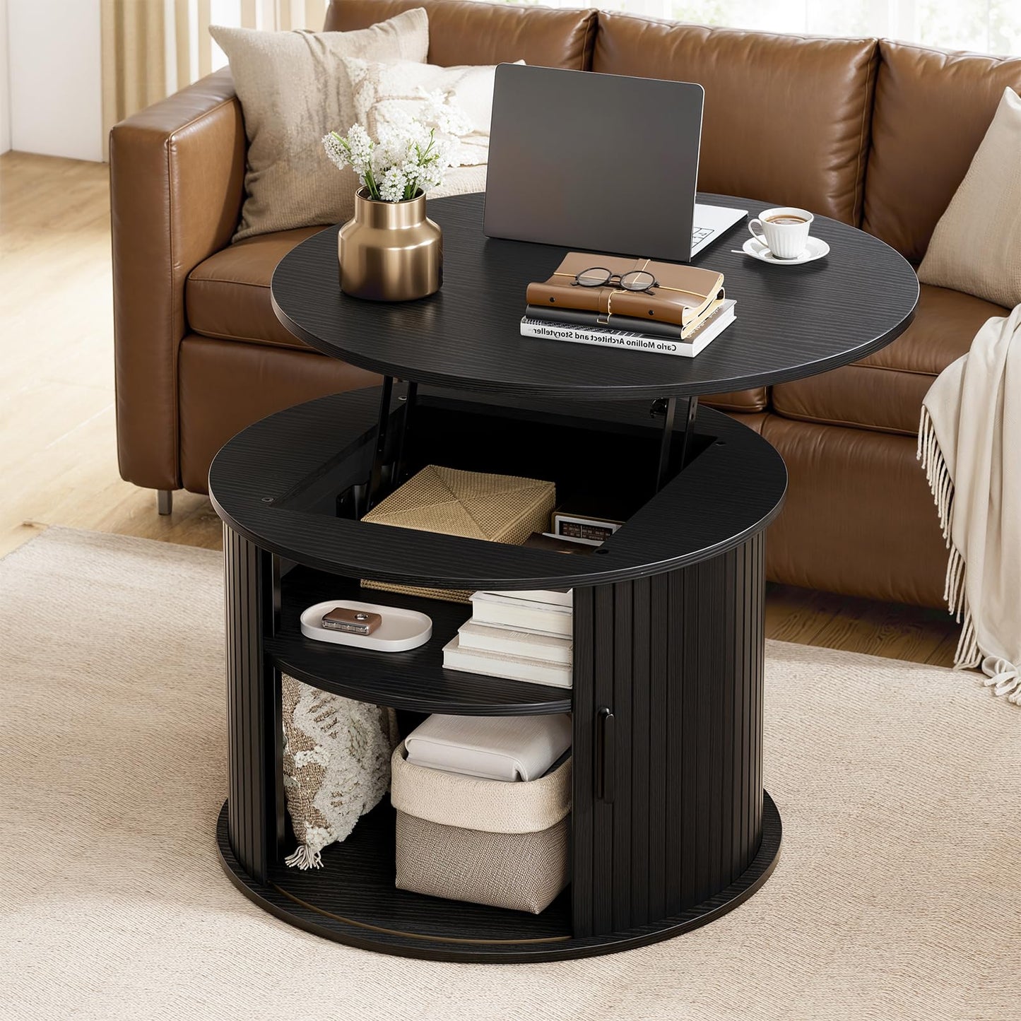 Mossora Black Round Lift Top Fluted Coffee Table with Storage, 68*68*50cm