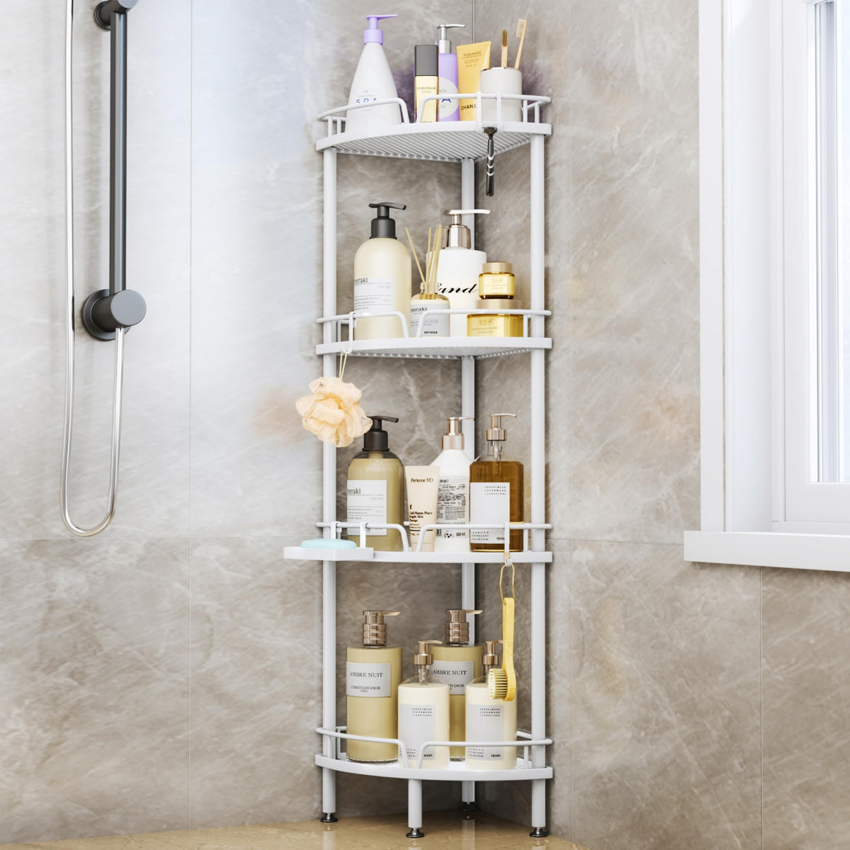 SWTYMIKI Corner Shower Caddy - 4 tier Bathroom Shelf Shower Organizer Corner with 4 Hooks, Rust Free Standing Bathroom Accessories with Soap Holder