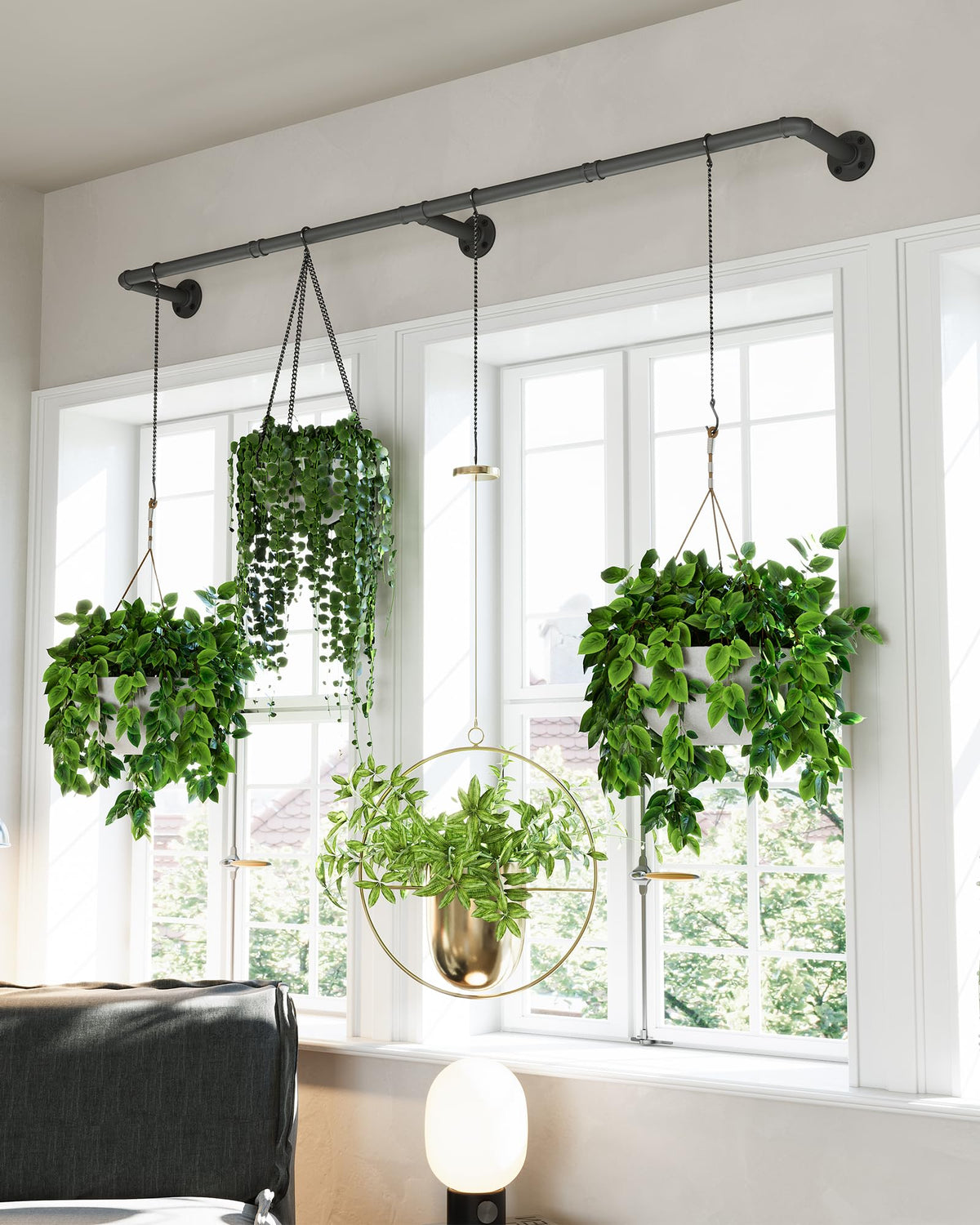 SOFITORG Plant Hanger Indoor, Hanging Planters Rod for Indoor Plants with 6 Hanging Chains, Wall Plant Hanging Rod for Window Ceiling, 65.7 Inch,