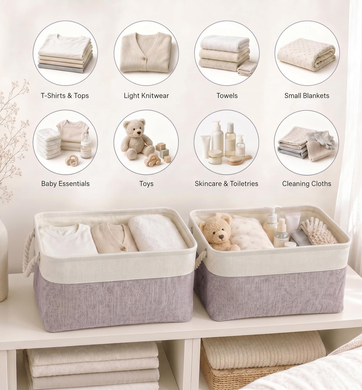 Mangata Fabric Storage Box set of 3, Foldable Fabric Storage Baskets with Handles for Cupboards, Wardrobe, Shelves, Bathroom, Clothes, Toys, Towel