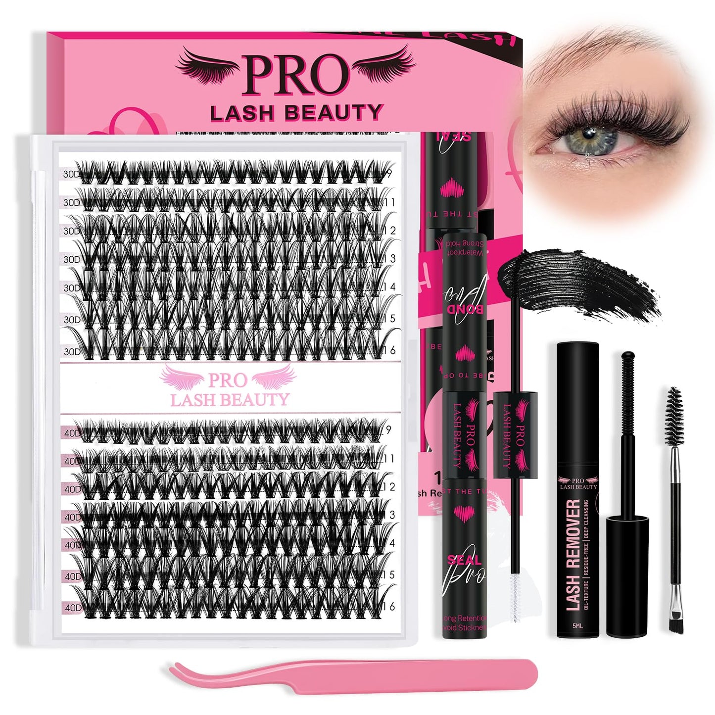 PRO Cluster Lashes Kit 280pcs Lash Clusters 30D+40D Individual Lashes Kit with Lash Bond and Seal Remover Applicator Easy to Apply at