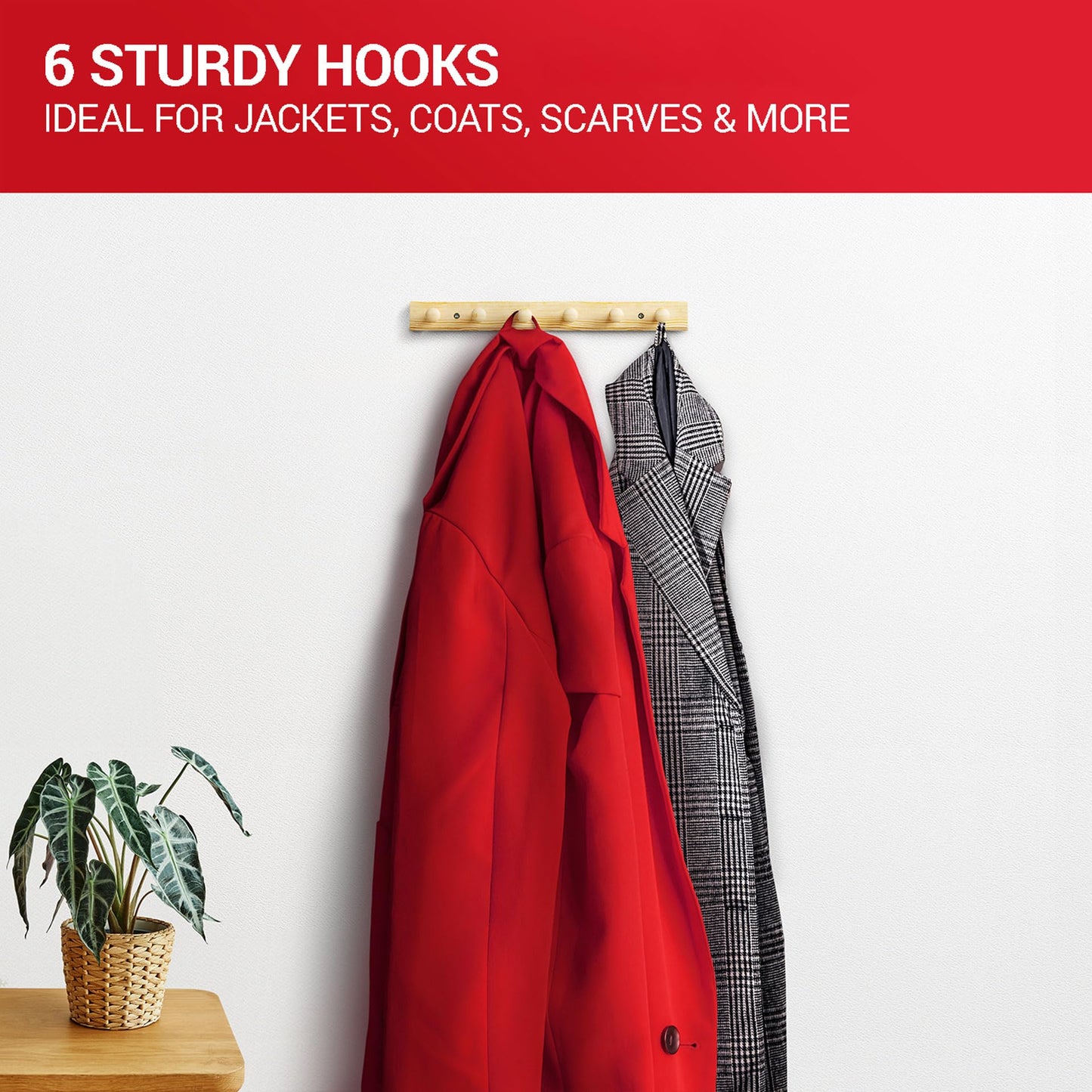 LouMaxx Wooden Hook Rack Made of Pine with 6 Wooden Hooks - Wall Mounting Coat Rack for Children - Untreated Pine Wood
