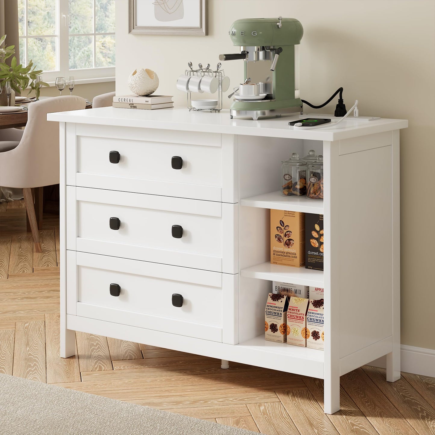 Feonase White Chest of Drawers Bedroom with Charging Station, 3 Drawer Chest of Drawers with Open Storage Unit