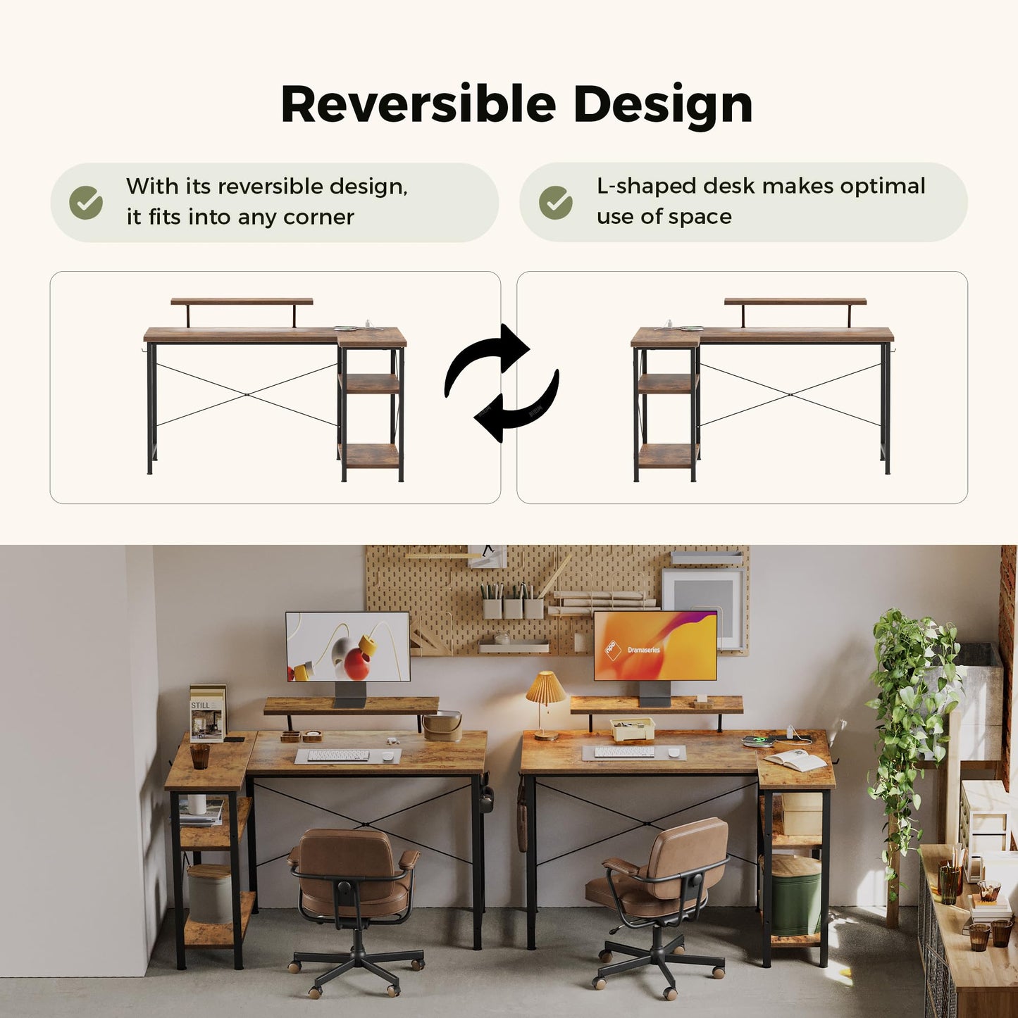 Mericonia Reversible Corner Desk, w. Led & Power Outlets, 100x70cm, Brown