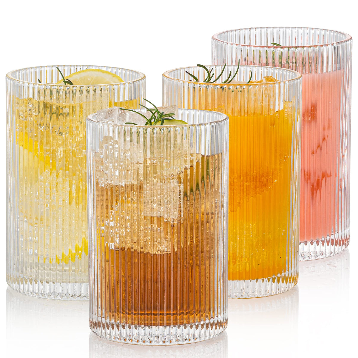 POLIDREAM Vintage Ribbed Glassware Set: 4pcs 16.9oz XL Drinking Glasses, Fluted Ripple Drinkware, Origami Style, Elegant Glassware for Whiskey,