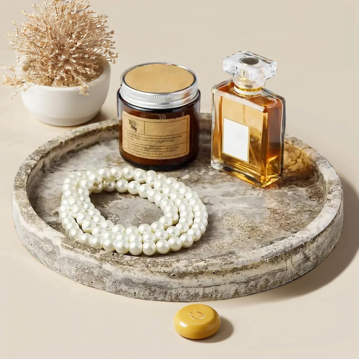 WORHE Round Marble Vanity Tray, Gray Travertine,Natural Marble Stone 24cm D