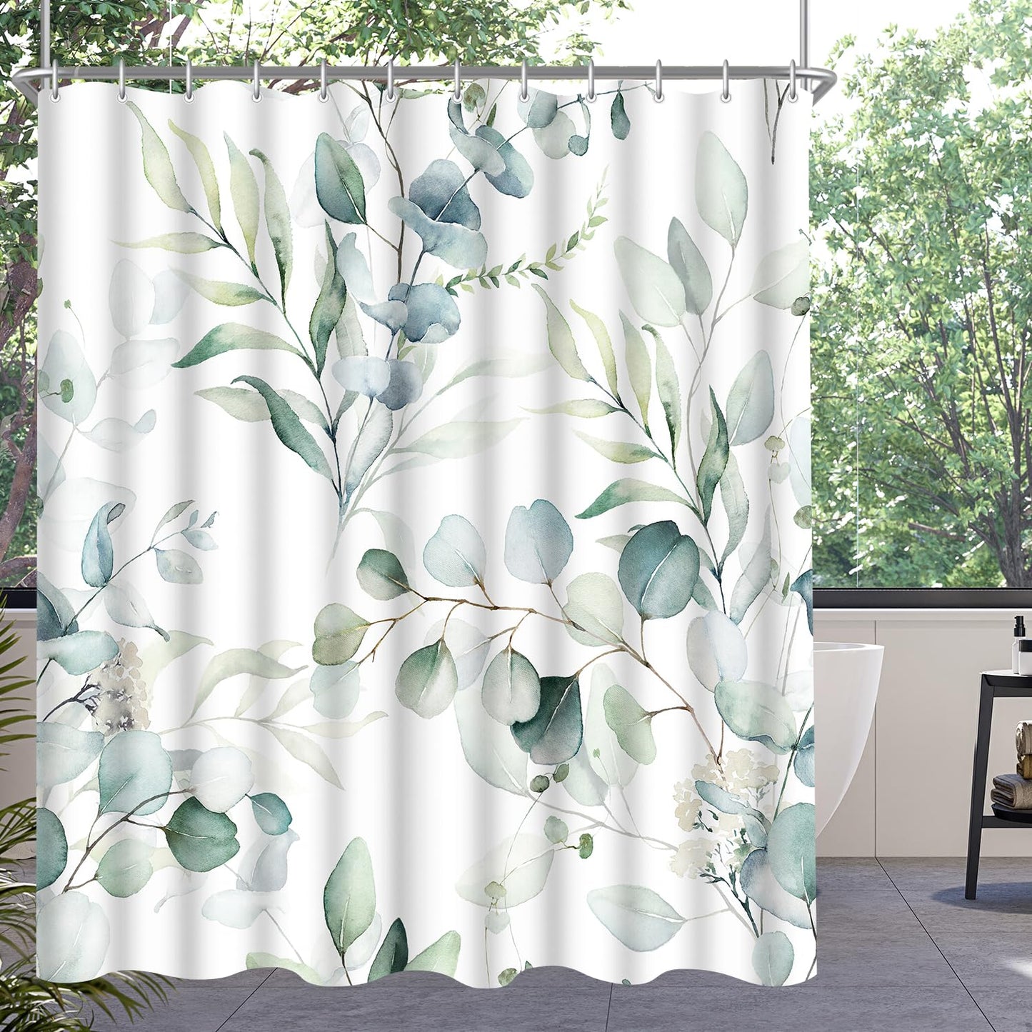 Lerores Shower Curtain, 180 x 180 cm, Leaf, Weighted Hem, Anti-Mould Textile, Water-Repellent