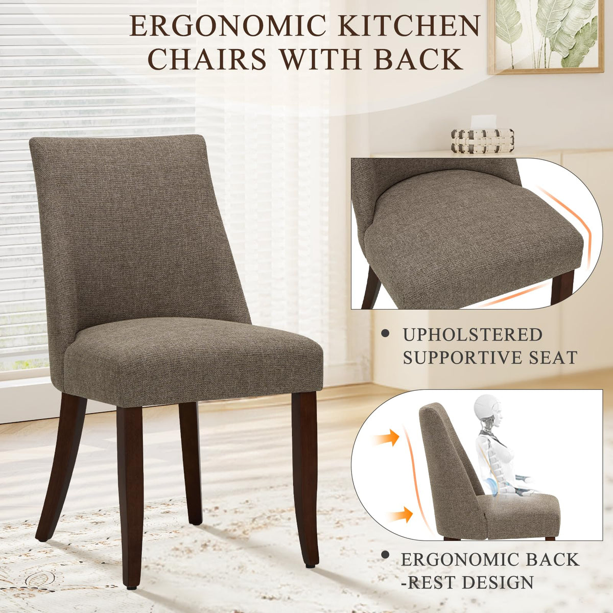 COLAMY Upholstered Dining Chairs Set of 6, Linen Fabric Parsons Dining Room Chairs with Curved Backrest, Solid Rubber Wood Legs