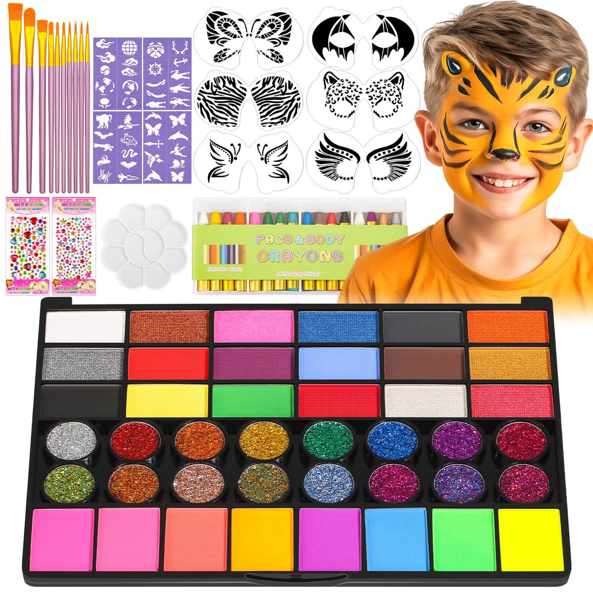 Dynozim Face Painting Kit for Kids with Stencils, 42 Colors Non Toxic Face Paint with 16 Face Paint Crayons, 6 Reusable Face Painting Stencils, 40