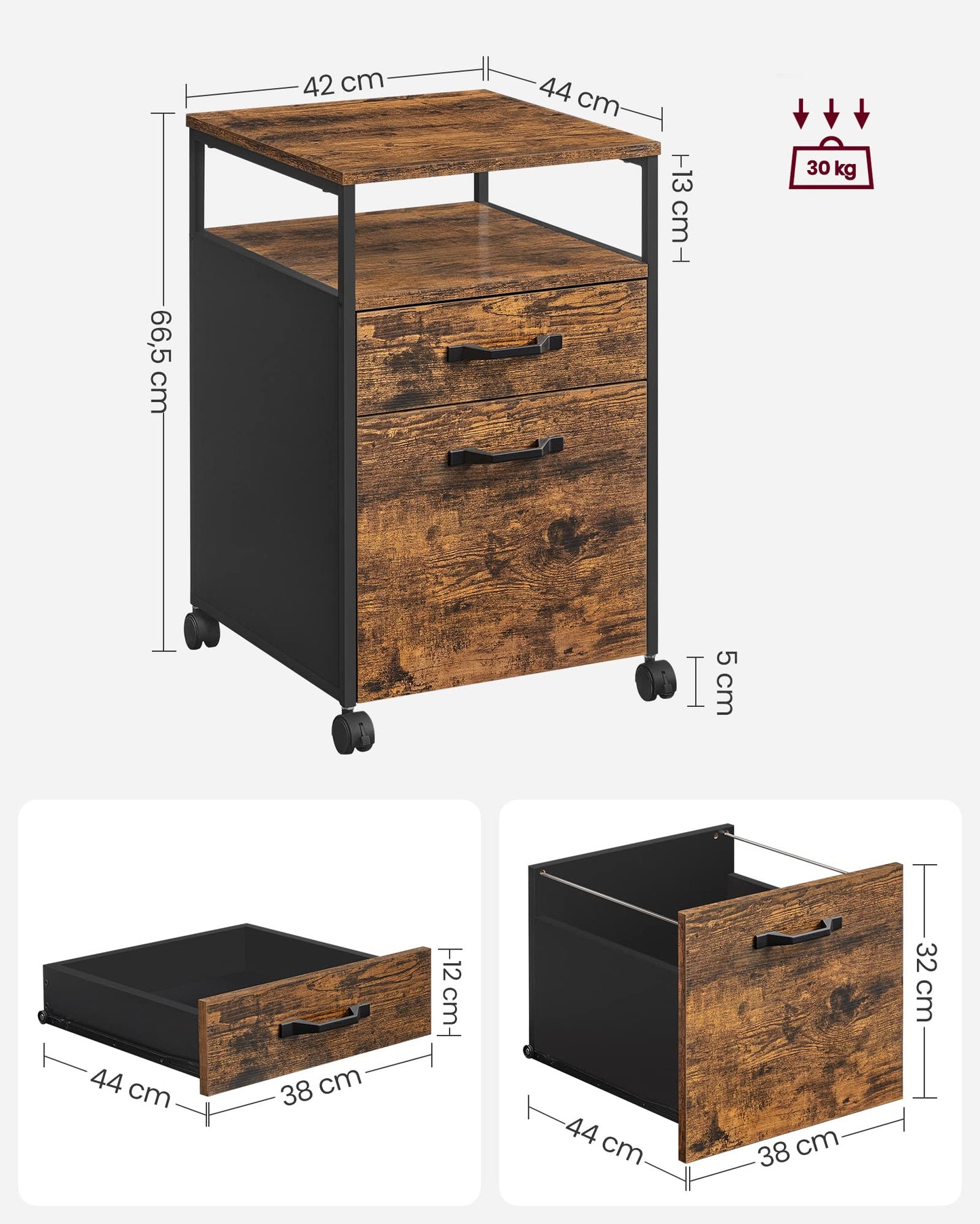 VASAGLE Mobile File Cabinet with 2 Drawers, Letter-Size Hanging File Folders, Open Shelf, Steel Frame, Rustic Brown and Ink Black OFC71X