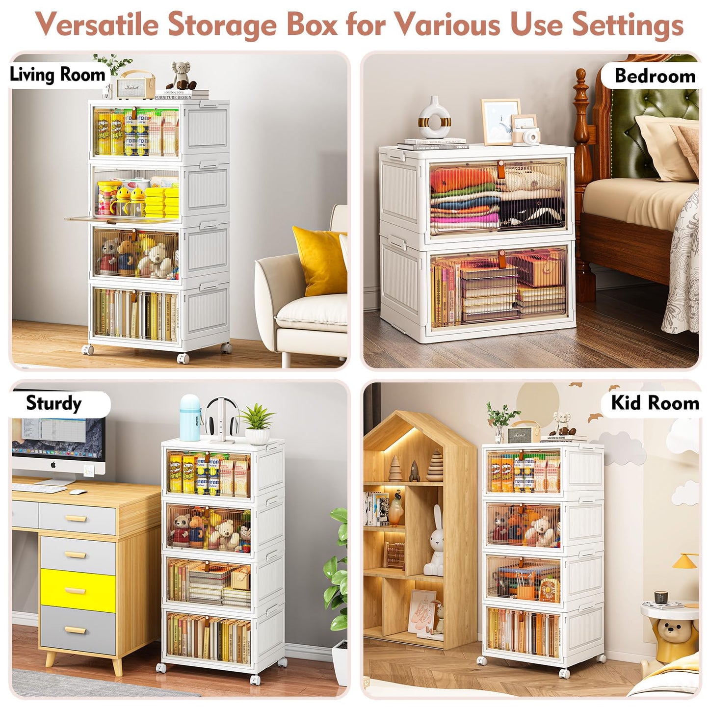 TidyTrove Storage Boxes with Lids, Plastic Storage Boxes with 1 Lid 28L/Tier, 4-Tier Stackable Storage Boxes with Wheels, Folding Storage Bins,