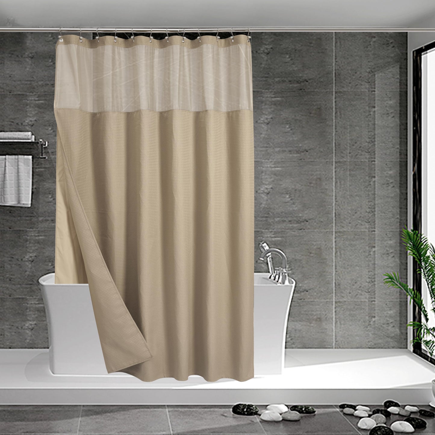 N&Y HOME Waffle Weave Shower Curtain with Snap-in Fabric Liner Set, 12 Hooks Included - Hotel Style, Water-Repellent & Washable, Mesh Top Window -