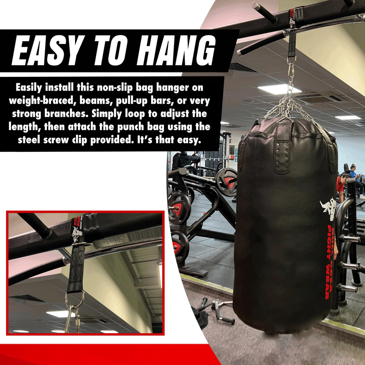 BULL DOZA FIGHT WEAR Boxing Punch Bag Strap/Sling ? Heavy Duty Bag Hanger with 9mm Steel Screw Lock Carabiner - 500lbs Bag Holding Capacity Strap
