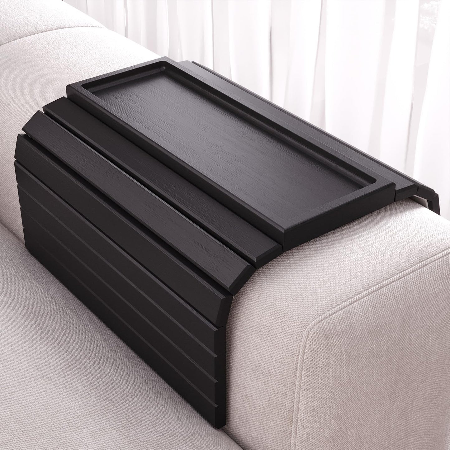 Fibogollo Sofa Arm Tray,Bamboo Folding Couch Arm Tray,1 Pc Sofa Armrest Trays with Anti-Slip Pad for Drinks,Snacks,Phone,Remote Control（Black）