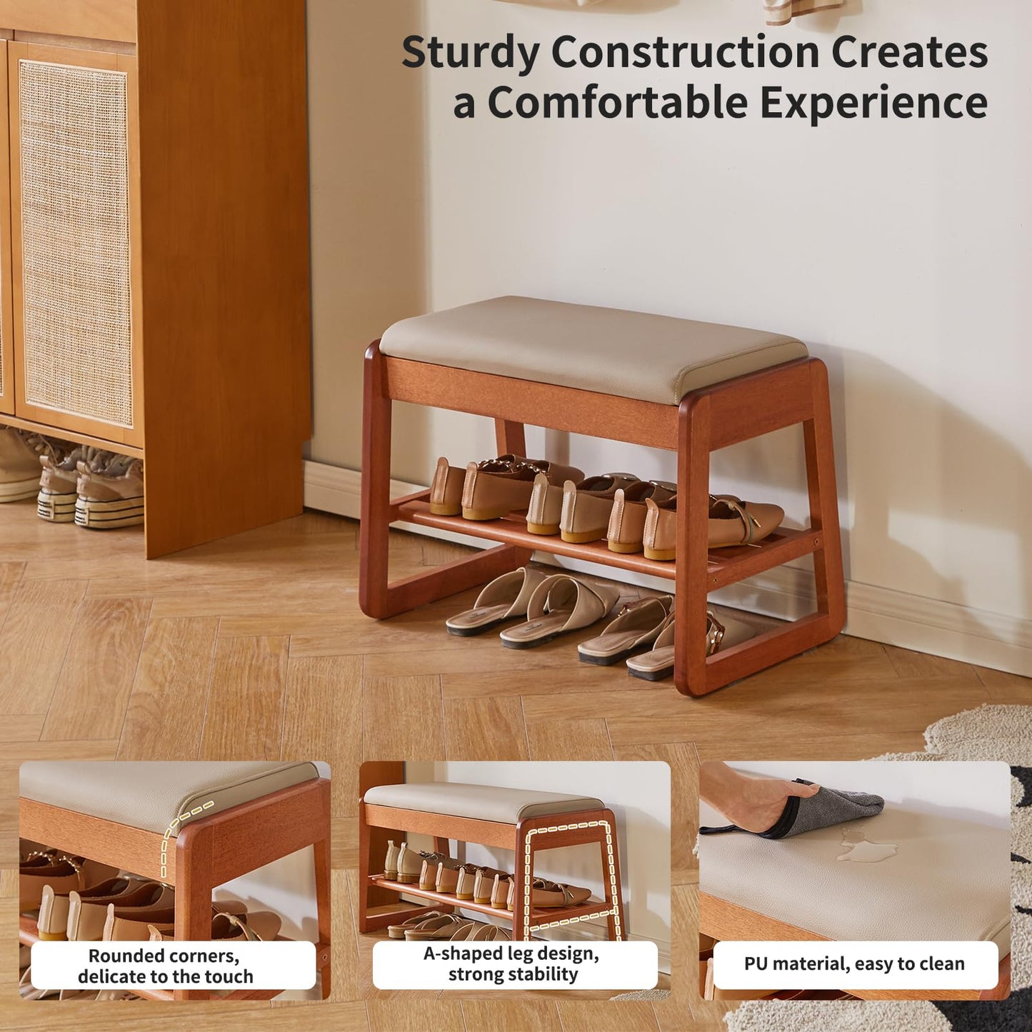 Aibiju Shoe Storage Bench with Flip-Top Storage, 2-Tier Entryway Shoe Bench with Padded Seat, 23.62in Wooden Storage Organizer for Entryway, Bedroom