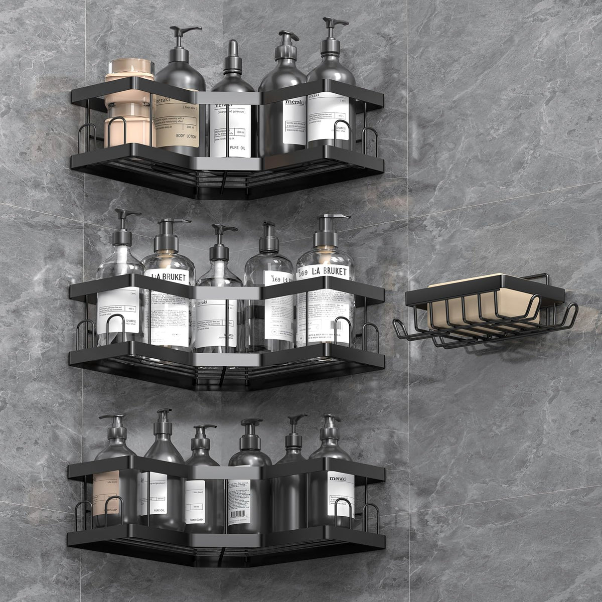 AceMining Shower Caddy, 4 Pack Black (SML+1) Bathroom Shelves, Adhesive Shelf Storage No Drilling, Carbon Steel Shower Organiser, Rust-Resistant Caddy