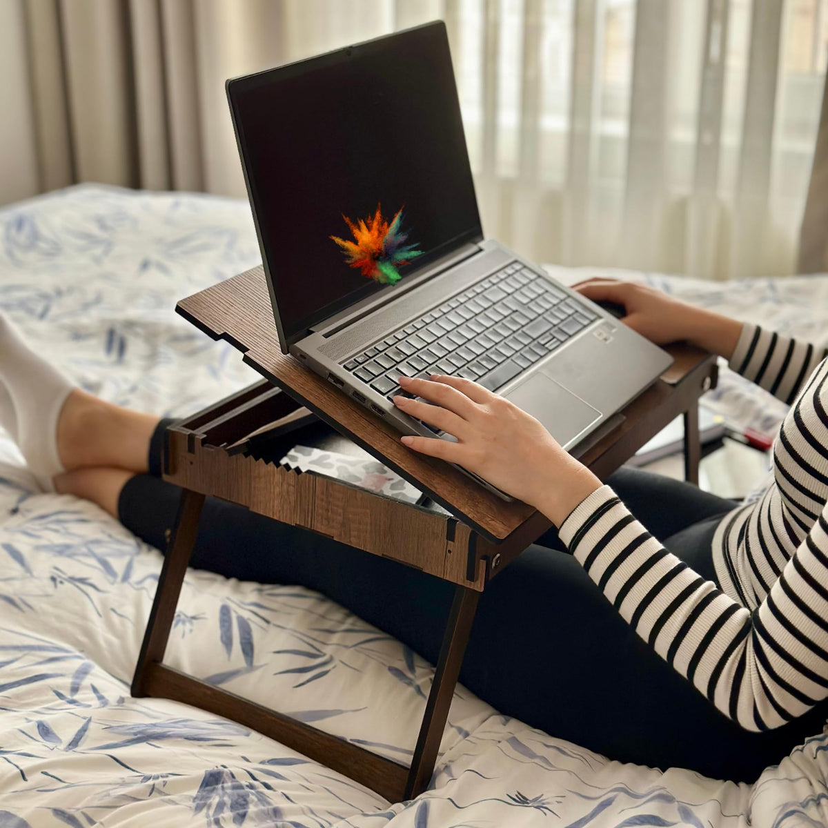 Vigo Wood Laptop Stand for Bed, Adjustable Laptop Lap Desk and Lap Tray with Built-in Storage, Foldable and Ergonomic Design for Reading, Writing, and