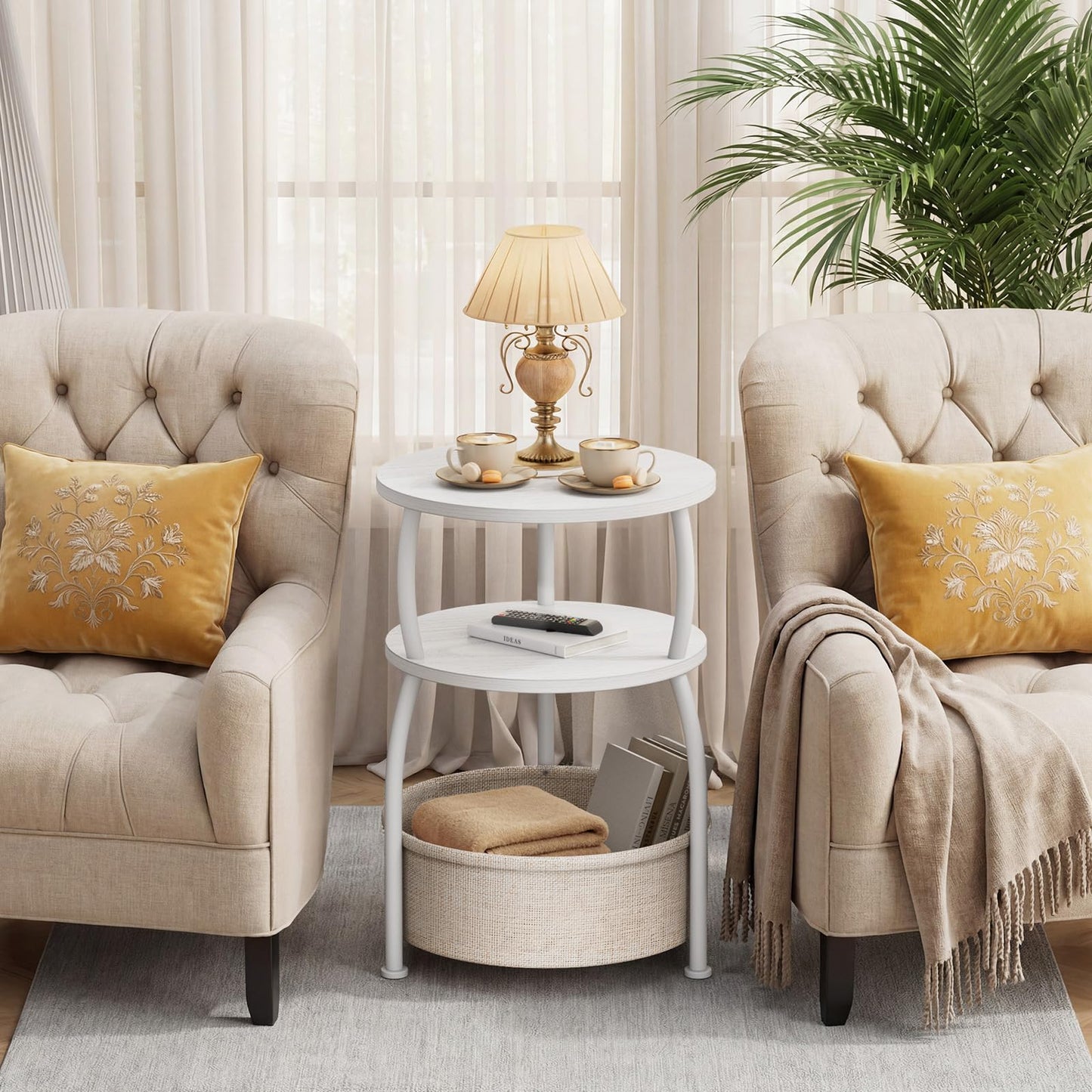 Yuede Side Table with Fabric Basket, Round End Table, 3 Tier Bedside Table, Coffee Table for Living Room, Bed Room, Modern, 40 x 61 cm, White