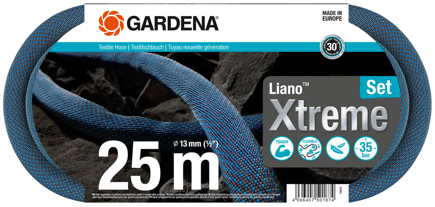 Gardena Liano Xtreme 1/2 inch, 25m set: Extremely robust textile garden hose, for indoor water taps, with PVC inner tube, lightweight,