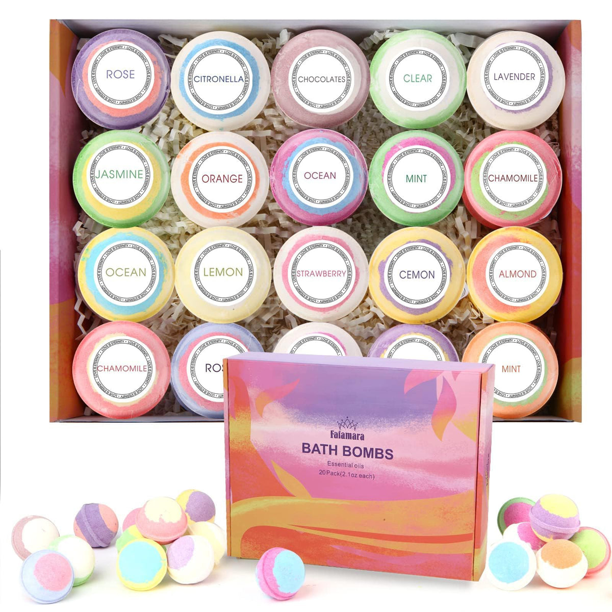 Fafamara Bath Bombs, Foaming Gift Set 20 Organic & Natural Handcrafted Essential Oils Relaxation and Stress Relief Fizzy Balls Ideal Birthday Gift for