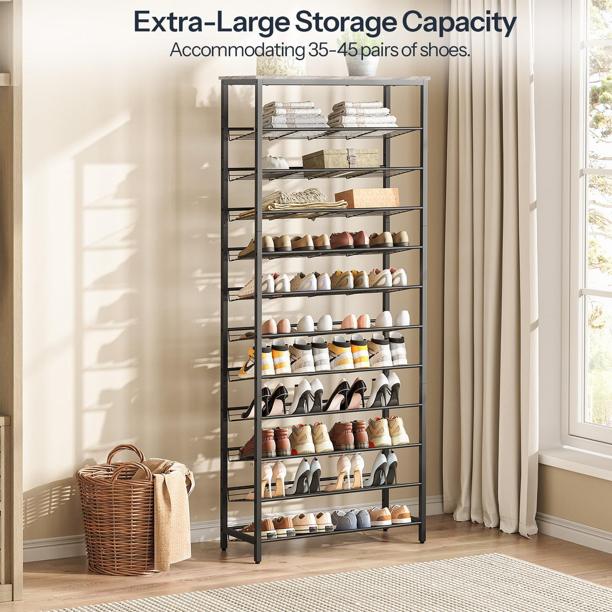 HOOBRO Tall Shoe Rack, Large Capacity Shoe Storage Organizer, 12-Tier Shoe Rack for 44-55 Pairs of Shoes, 75 x 28.5 x 194.5cm, Adjustable Metal