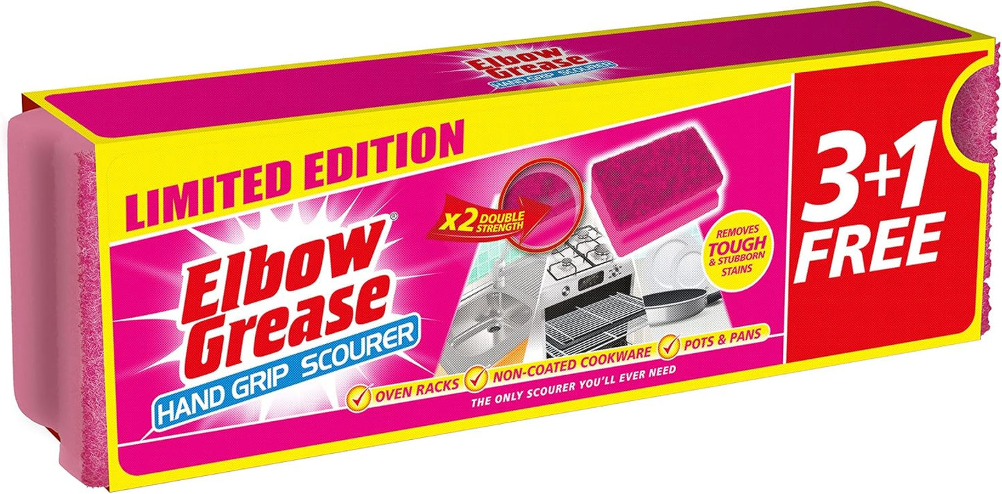 Elbow Grease Hand Grip Scourer - Heavy Duty Washing Up Sponge (4 Pack - Pink)