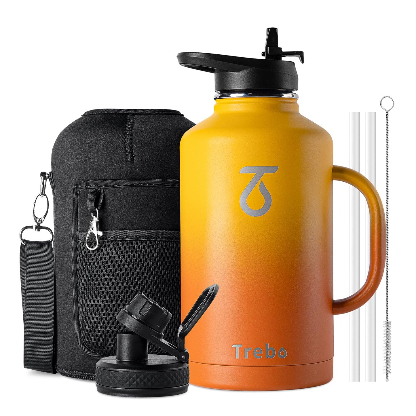 Trebo Insulated Water Bottle 2L, Stainless Steel Water Bottle 2L Metal Bottle 2L with Handle Metal Large Jug Travel Flask with Straw Spout Lid Mug