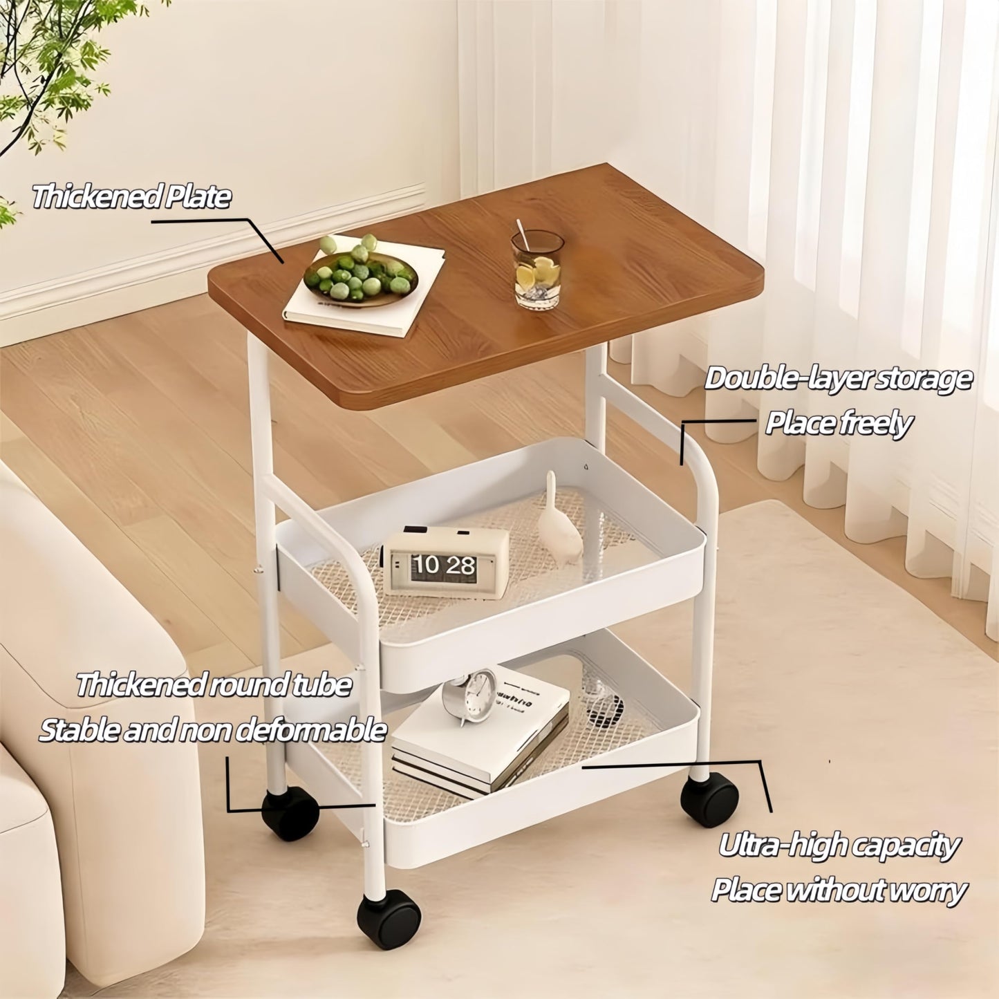 3-Tier Trolley on Wheels,with Wooden Shelves and Metal Baskets White