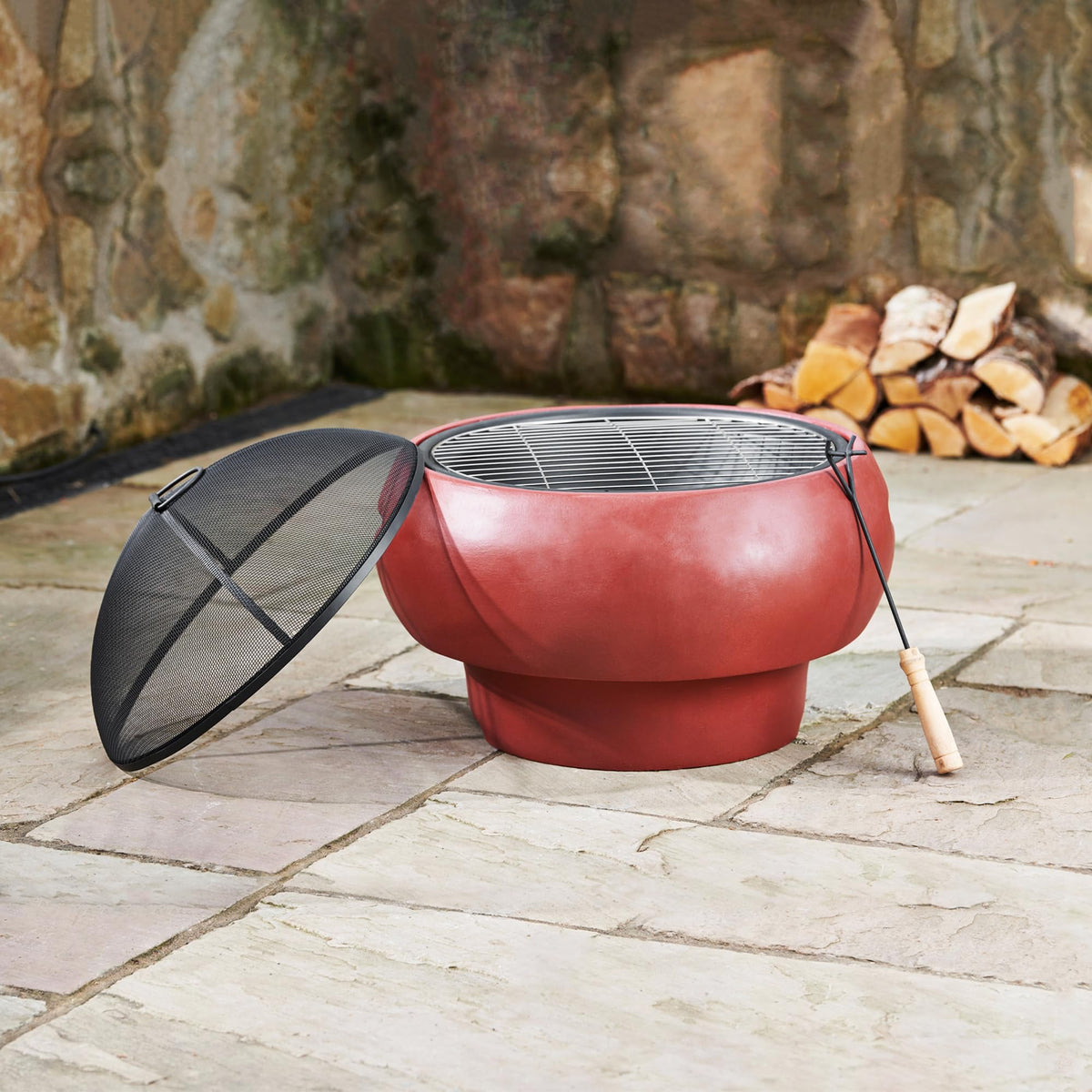 Teamson Home Outdoor Wood Burning Fire Pit, Small Round Fire Pit, Outdoor Chimenea, Firepit, Fire Bowl Log Burner with Poker, Grill and Lid, Red