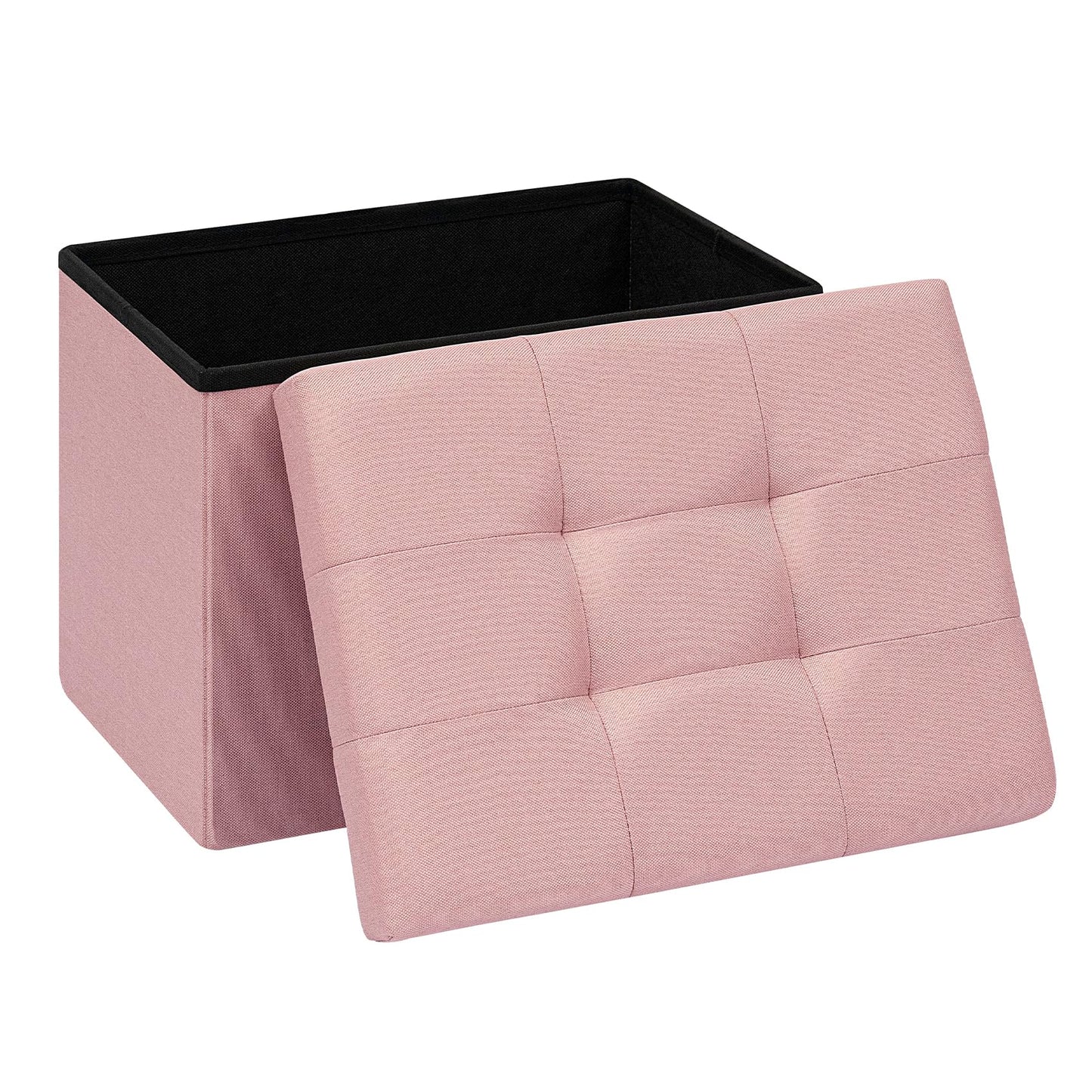 PINPLUS Tufted Linen Storage Ottoman Box, Foldable Footstool, Pink