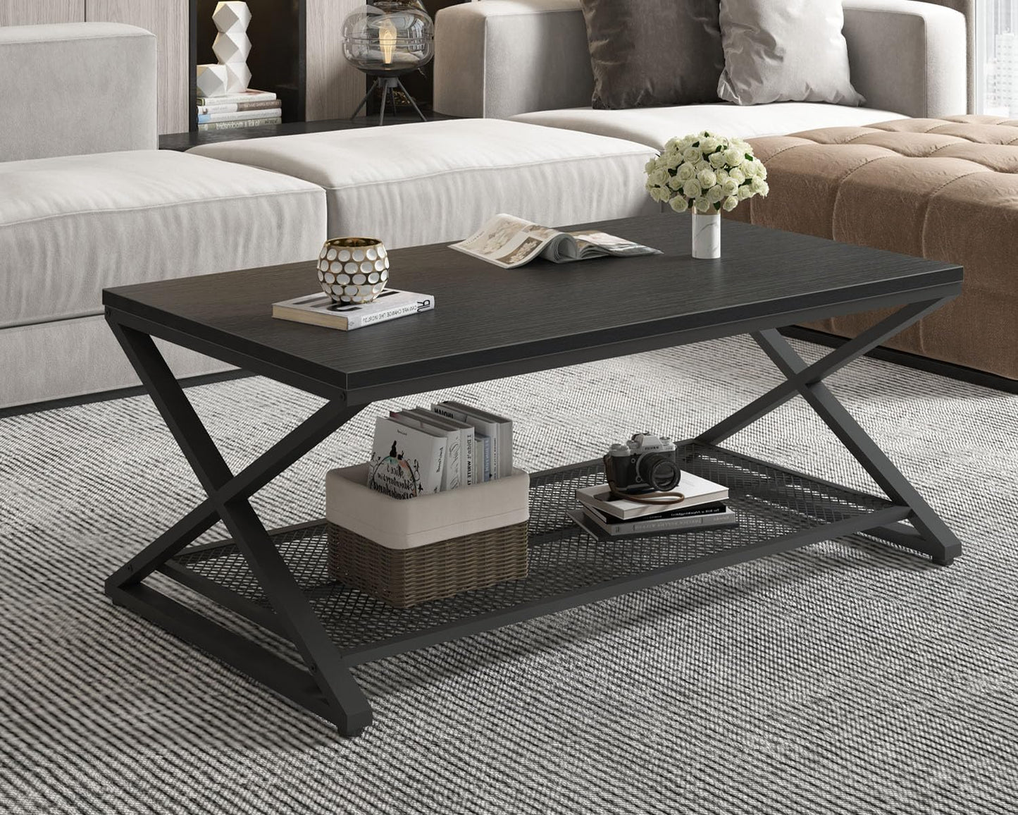 LVB Coffee Table for Living Room Coffee Tables With Storage 100cm Black Oak