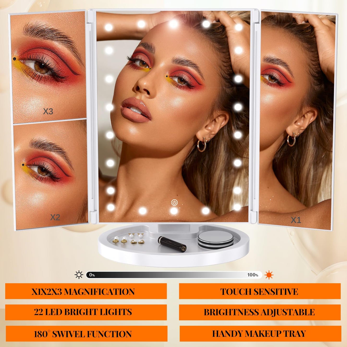 iSunirm 36 Inch Vanity Desk with Mirror and Drawers, Vanity Table and Stool, Dressing Table with Lights and Socket Strip for Bedroom, Gold