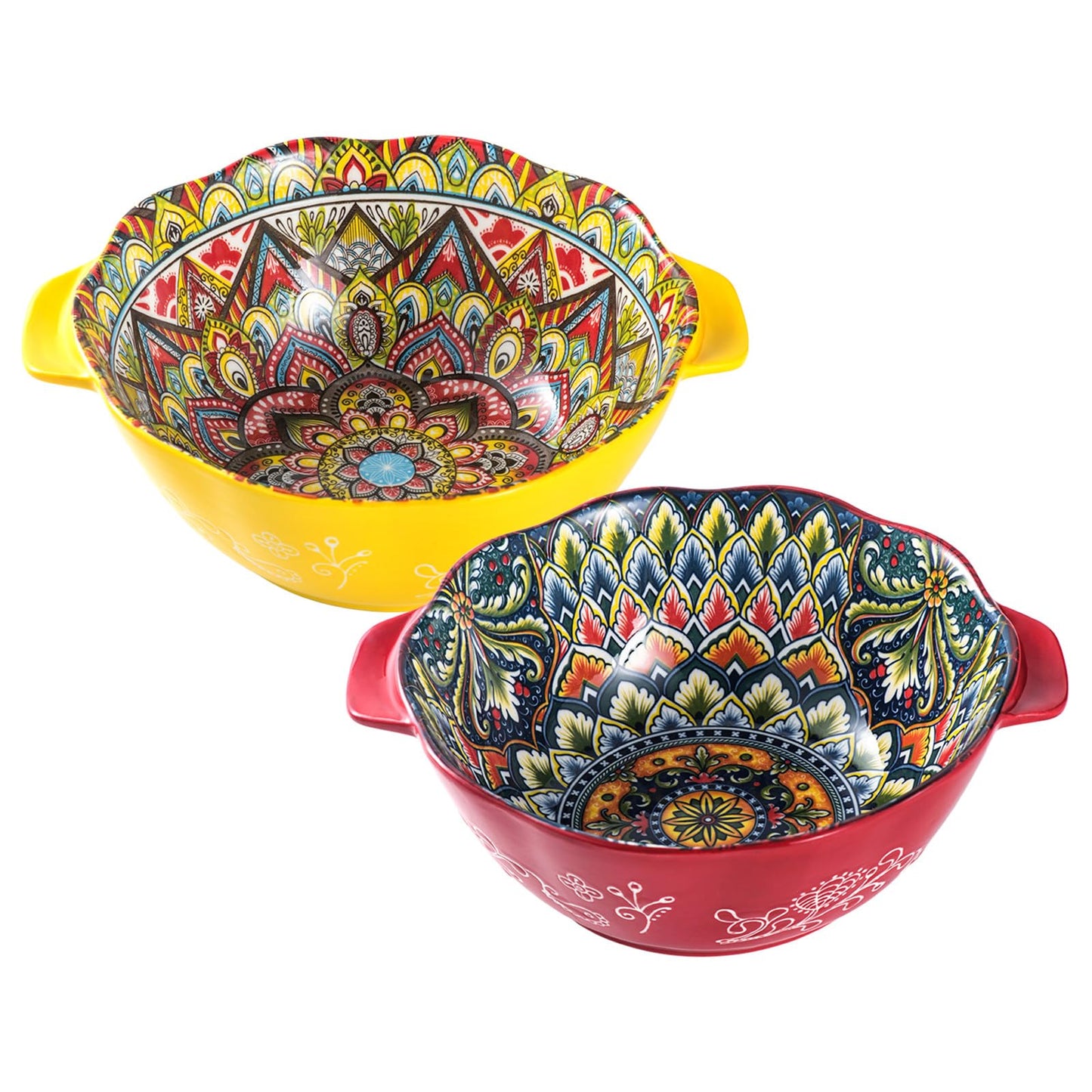 Salad Bowl with Handle, Large Porcelain Serving Bowls Set of 2-49 Oz, 1450ml Bohemian Ceramic Bowl for Ramen/Soup/Fruit/Salad, Colourful Bowl Set -