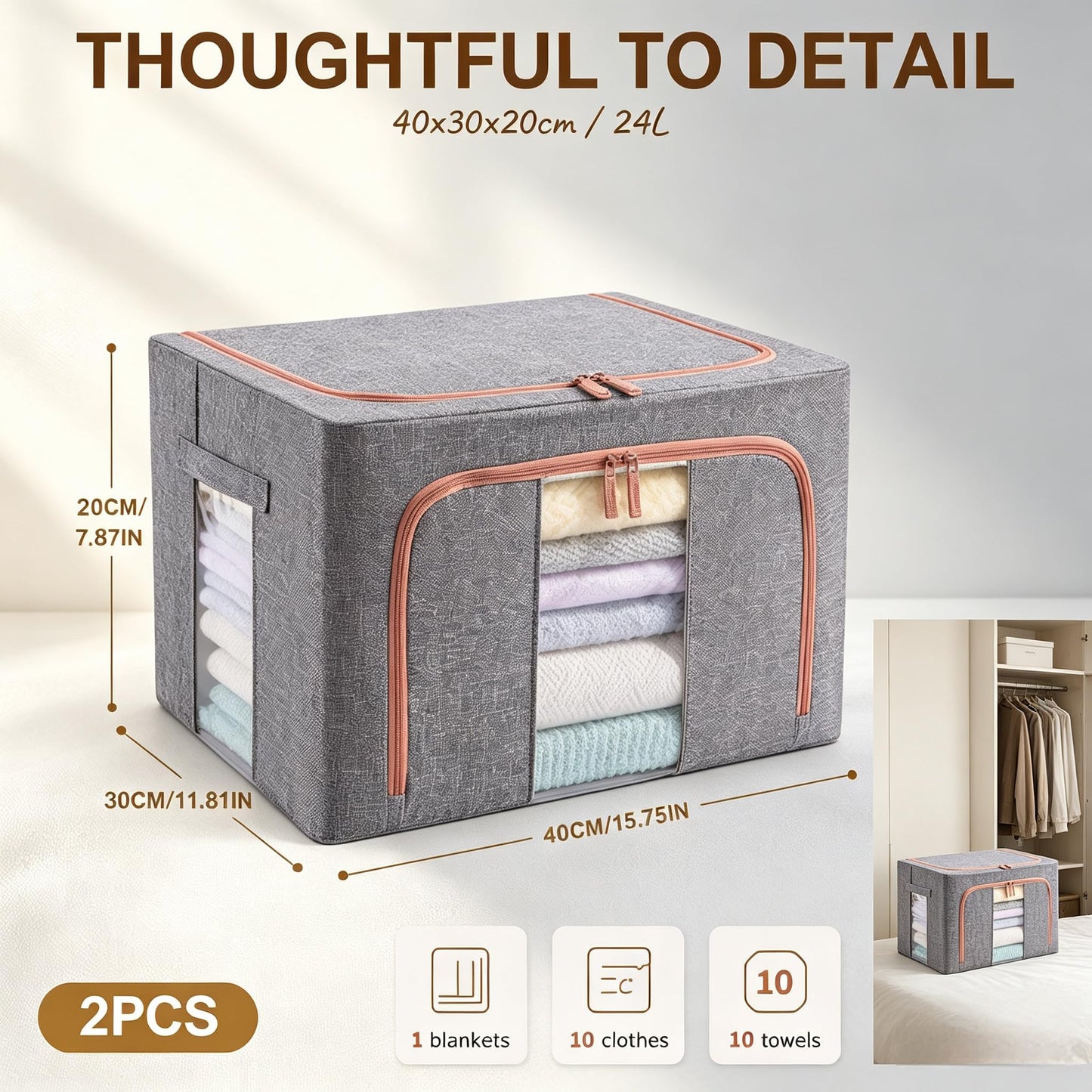2 Pack Smart Space Storage Boxes,24L Clothes Organiser with Double Opening Zip and Clear Window Sided Zip Top Lid,Foldable Oxford Cloth Box with
