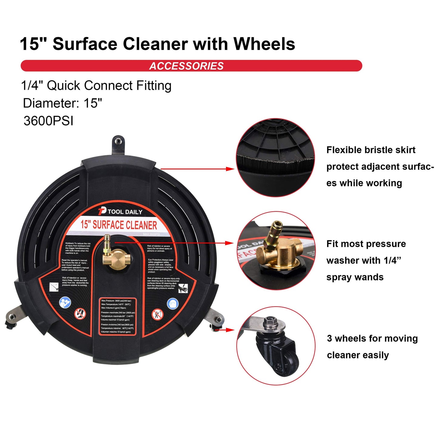 Tool Daily 15 Inch Pressure Washer Surface Cleaner Attachment with Wheels, with 2 Power Washer Extension Wands and 2 Replacement Nozzles, 3600 PSI