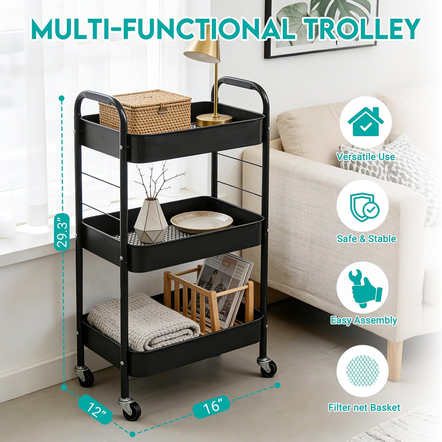 ZOESTORAGE 3 Tier Trolley Cart,Metal Storage Trolley on Wheels for Bathroom,Kitchen,Laundry,Bedroom and Storage Cart for Book,Snack,Black