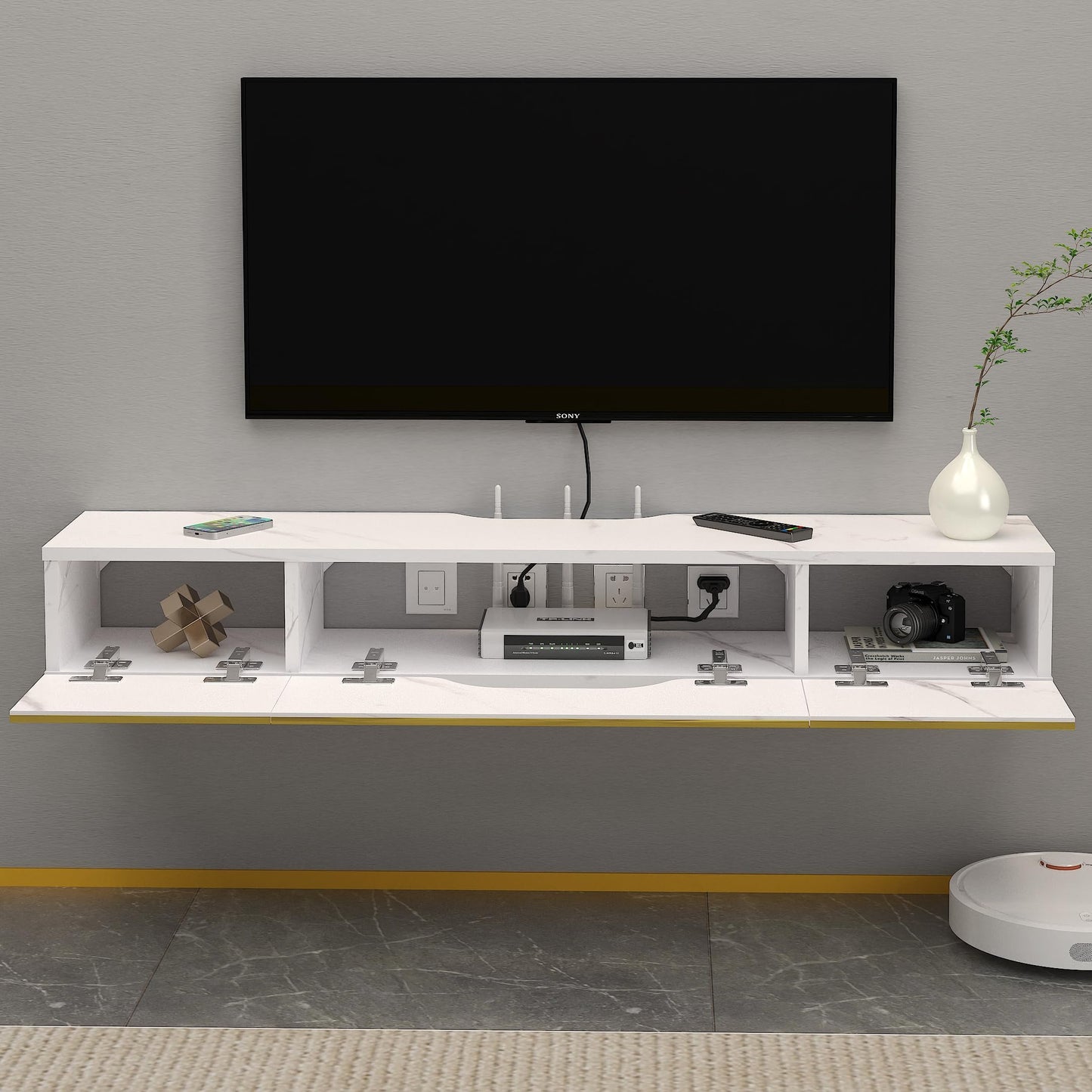 Pmnianhua Floating TV Unit, Wall Mounted TV Cabinet, Floating Shelves with 3 Doors