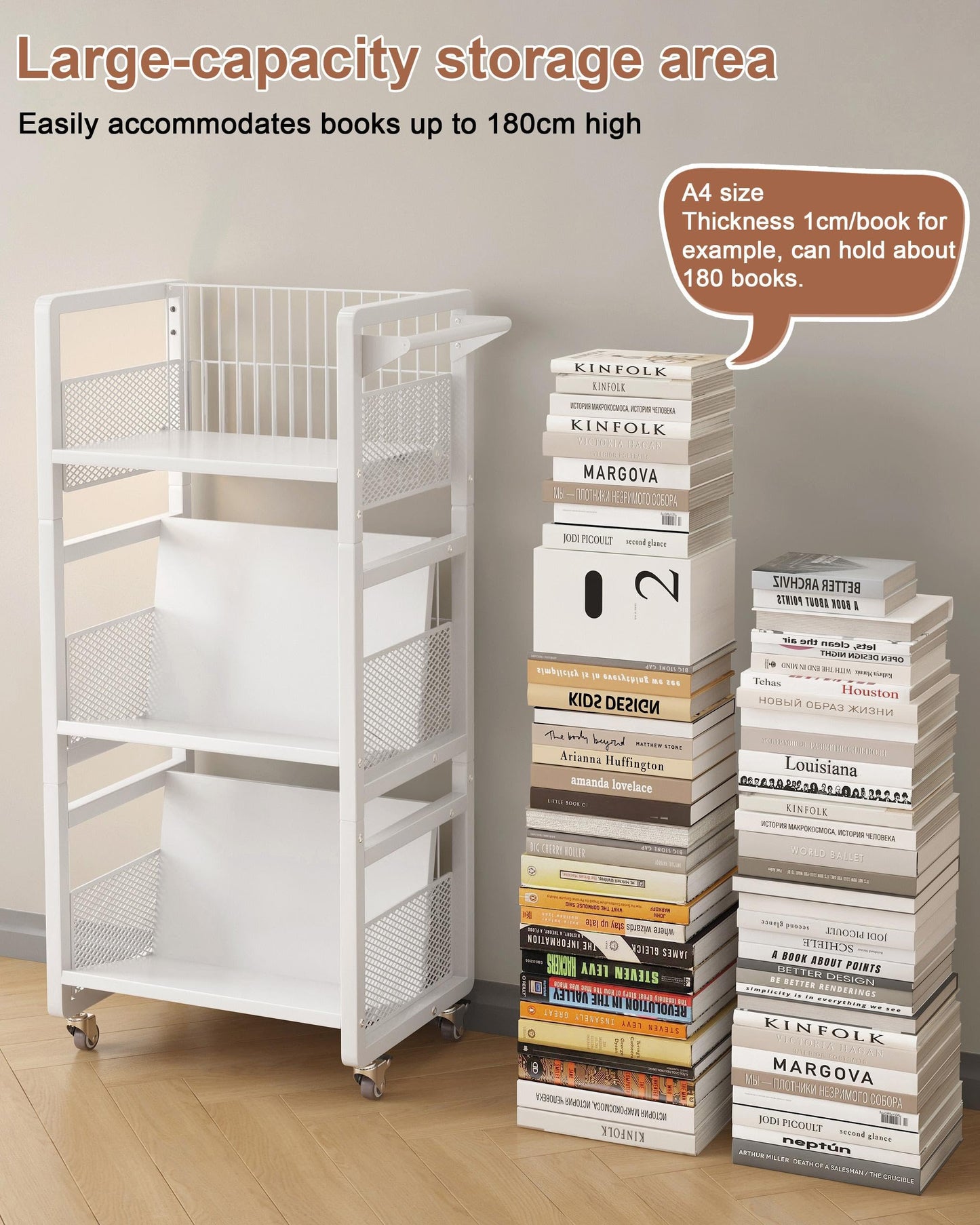 Ornestia Book Trolley,Mobile Bookshelf Organiser with Lockable Wheels,White