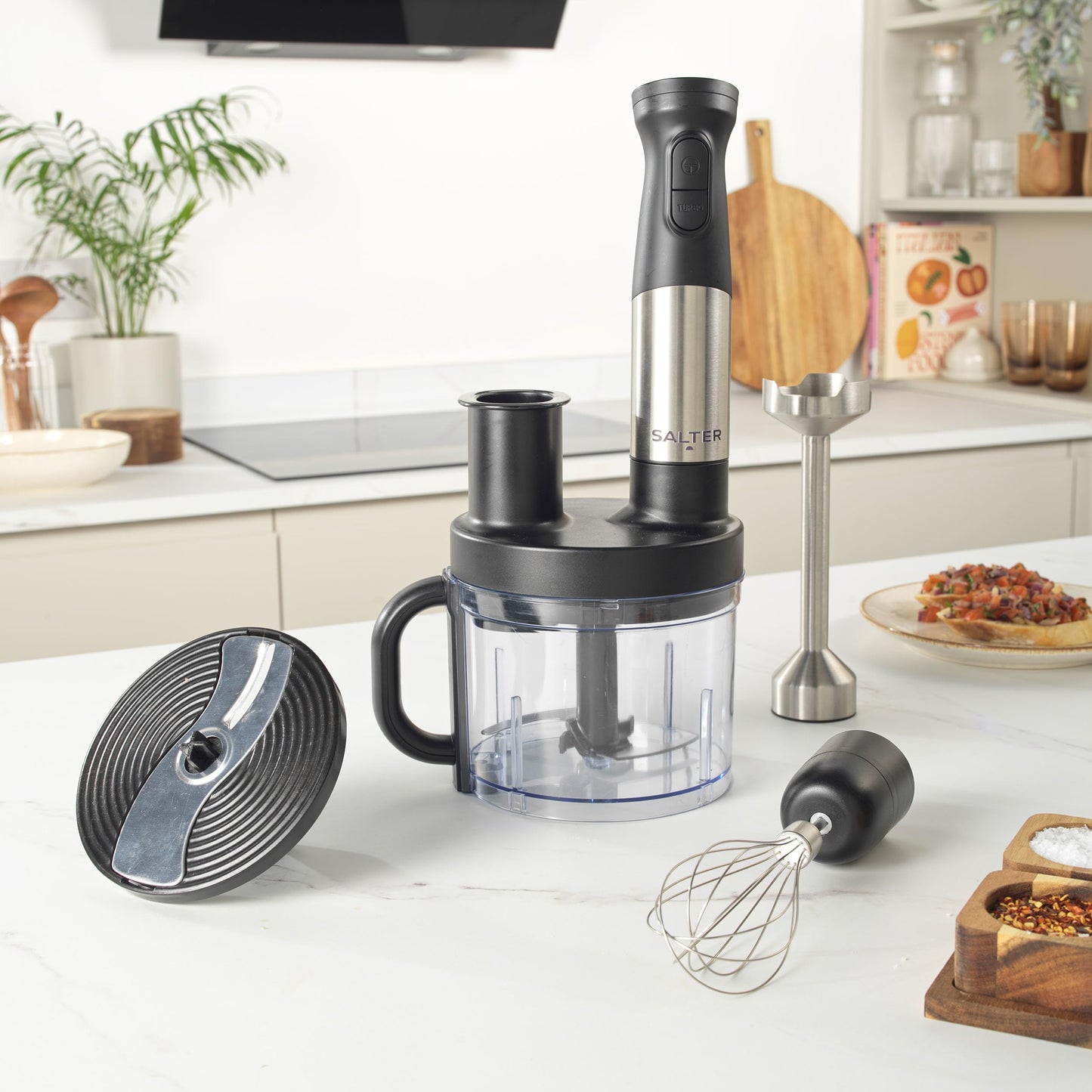 Salter EK5877 5 in 1 Blend & Prep  Compact Food Chopper with 1.2L BPA-Free Bowl, Immersion Stick Blender with 2 Speed Settings, Chop, Slice, Shred,